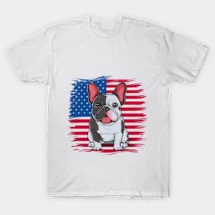 A cartoon French bulldog with American flag(2) T-Shirt